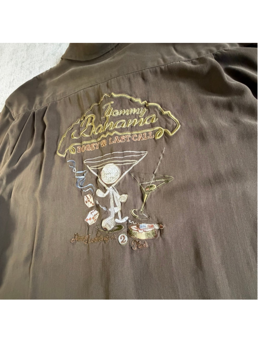 TOMMY BAHAMA Bogey +Last Call
Embroidered Shirt 100% Brown Silk Mens Size XXL